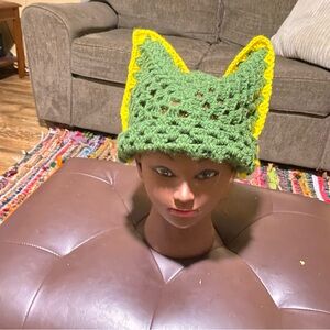 Green and Yellow Crochet Cat Ear Hat